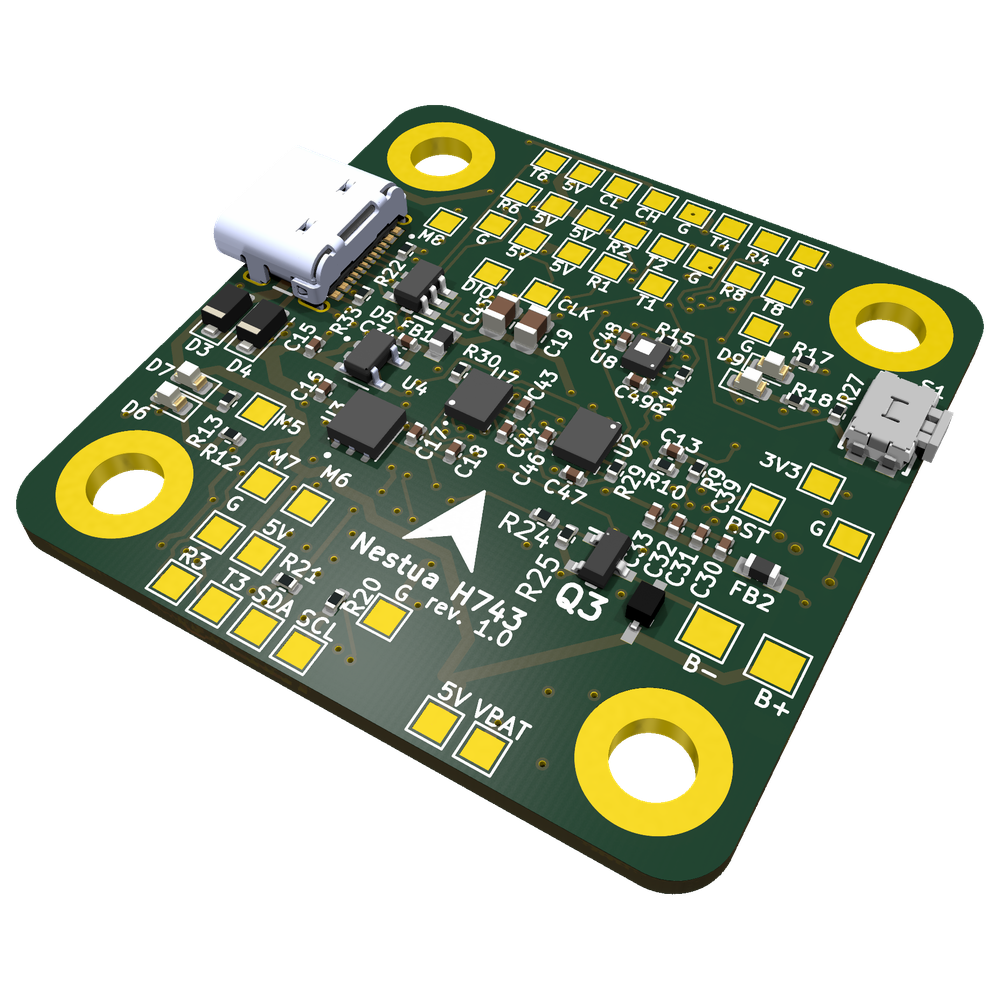 Nestua H743 flight controller, 3D render of the top side