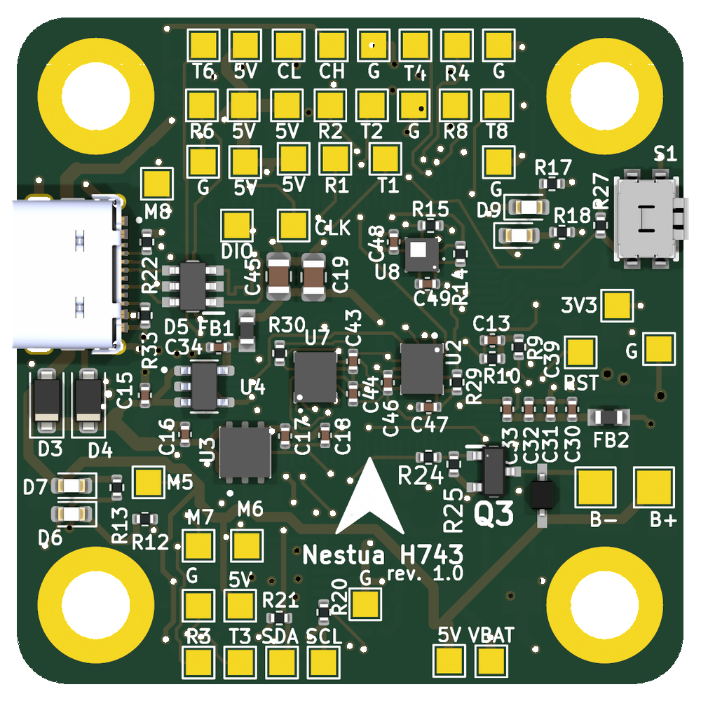 Nestua H743, top side: IMUs, barometer, USB-C and solder pads